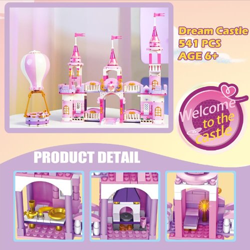 JIMUJIA Princess Castle Girls Building Blocks Toys 541 Pieces Multi Shaped Castle Hot Air Balloon Toys for Girls Construction Bricks Christmas Birthday Gift for Kids Age 6-12 and Up