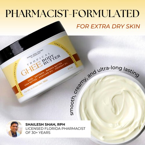 Tropical Ghee Body Butter | Moisturizer | Shea Body Butter For Extreme Dry Skin due to Sunburn, Eczema | Saffron, Mango & Shea Butter, Ghee, Avocado & Coconut Oil. Pharmacist Formulated.
