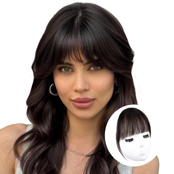 Clip in Bangs- Brown Black Clip on Bangs, 100% Human Real Hair Wispy Clip in Hair Extensions, Fringe bangs with Temples Birkin Bangs Hair Clip Fake Bangs Blend Naturally