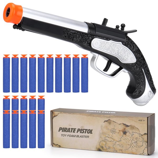 Pirate Toy Foam Blaster for Kids Boys Pirate Flintlock Pistol Toy with 20 Foam Darts Pirate Costume Play Accessories Halloween Pirate Cosplay Gift for 3 4 5 6 Year Olds Boys
