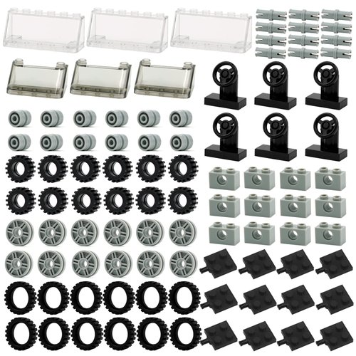 Wheels and Axles Sets Tires, 102 Car Parts and Pieces, Windshield Steering Wheel Chassis Bricks Educational Toys