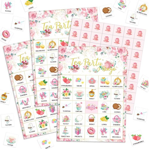 Shappy 35 Pcs Tea Party Bingo Game 24 Players Spring Birthday Party Bingo Cards Vintage Floral Garden Tea Party Games for Girls Kids Family School Classroom Bridal Baby Shower Wedding Party Favors