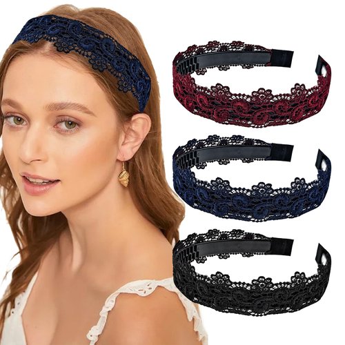Arvintas 3 PACK Women Floral Lace Headbands, Vintage Knit Pattern Elastic Hair Band, Wide Ethnic Fashion Hair Hoops, Stylish Accessories for Women and Girls