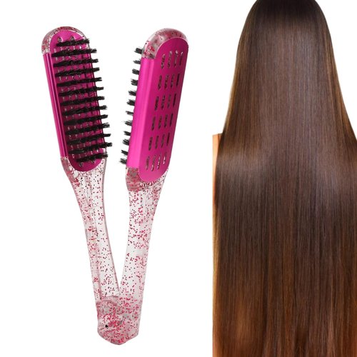 Hair Straightening Splint Comb Soft Hair Double Sided Dry Wet Use Hair Straightener Clamp Brush Anti Static Dual Brush Comb DIY Salon Hairdressing Styling Tool for Frizz Hair Rose Red