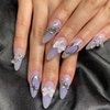 Purple Press on Nails Almond Fake Nails Medium False Nails with Glitter Rhinestones 3D White Bow Purple Blush with Star Swirl Silver Space Metallic Nail Design Silver Chrome Nails Y2K Nails for Women