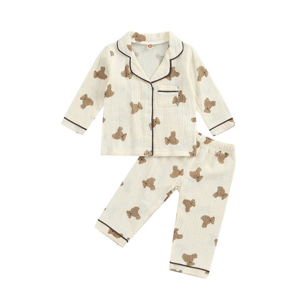 BULINGNA Kids Toddler Girl Boy Two Piece Pajamas Set Long Sleeve Button Down Pajama Shirt Top Long Pants Bear Sleepwear Pjs Set (Apricot, 1-2T)