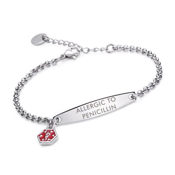 LinnaLove-Pre-engraved Simple Rolo chain Medical alert bracelet for Women Allergic to Penicillin bracelets