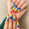 Extra Long Press on Nails Coffin Acrylic Nails Summer False Nails with Rainbow Glitter Designs Full Cover Fake Nails Glossy Stick on Nails for Women 24 Pcs