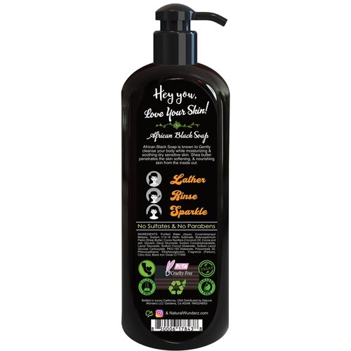 Natural Wunderz Body Wash with African Black Soap and Shea Butter, 32 Fl Oz Shower Gel, Promotes Acne Treatment, Contains All Natural Extracts, Vegan, and Sulfate-Free Body Scrub