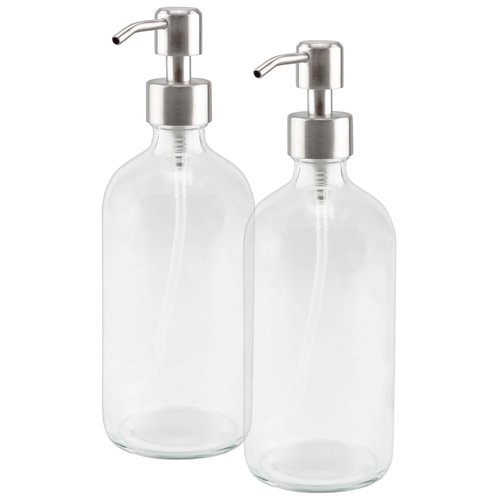 Cornucopia 16-Ounce Clear Glass Boston Round Bottles w/Stainless Steel Pumps (2 Pack), Soap Dispenser Great for Essential Oils, Lotions, Liquid Soaps