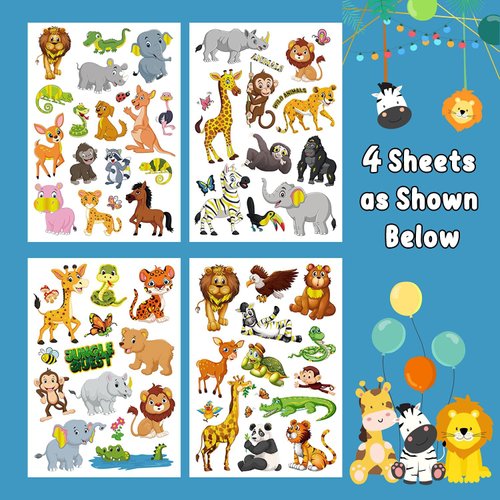 Leesgel Jungle Theme Party Supplies, Temporary Tattoos for Kids Tattoos, Wild One Safari Birthday Decorations Zoo Animal Birthday Party Supplies (62 Styles Metallic Glitter Tattoos)