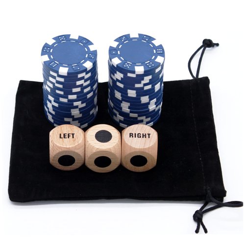 Bilywey Upgrade Left Right Center Dice Game Set with 3Pcs Beech Wood Dices + 36Pcs 11.5g Poker Chips (Blue)