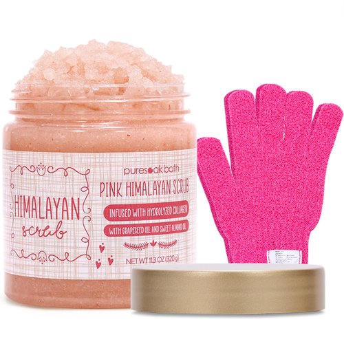 Puresoak Bath Himalayan Salt Body Scrub Set Gift Spa Scrub for Exfoliate & Moisturize Body Skin Face, Hand, Foot Scrub Set Gifts For Women & Men Spa Bath Set-11.3OZ Himalayan Scrub & Free Scrub Gloves
