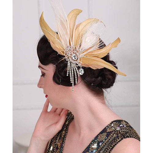 Aimimier 1920s Flapper Feather Hair Clip Crystal Tassel Roaring 20s Yellow Feather Headpiece Masquerade Hair Accessories for Women and Girls