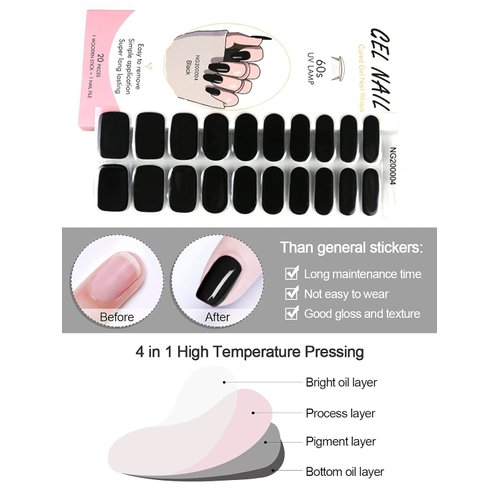 20Pcs Cured Gel Nail Polish Strips, EBANKU Black Adhesive Full Wrap Gel Nail Art Sticker, Waterproof Gel Nail Wrap Stickers with Nail File and Stick（UV/LED Lamp Required）