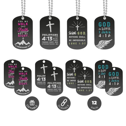 Inkstone Dogtag Necklaces | (12 Pack) | Bible Verses 2 Corinthians 5:7, Luke 1:37, and 1 John 4:16" | Religious Party Favors and Christian Bible Gifts for Men Women