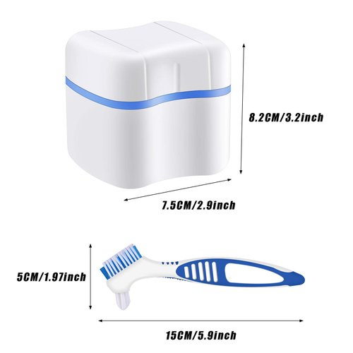 2 Denture Bath Cases Denture Cups with 2 Denture Cleaner Brushes Denture Boxes Dentures Container with Basket Denture Holder Brush Retainer Case for Travel Retainer Cleaning (Blue, Red, Purple)