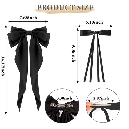 Hair Bows for Women Girls, 2 PCS Silky Satin Bow Hair Clips Ribbon Hair Bow Clips Bowknot with Long Tail Black Hair Bow Cute Hair Accessories, 2 Sizes