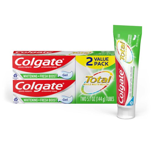 Colgate Total Whitening + Fresh Boost Toothpaste, Mint Toothpaste, 5.1 oz Tube, 2 Pack