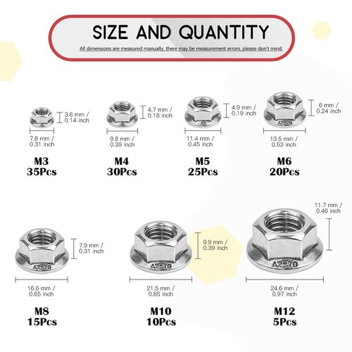 Hilitchi 140-Pcs M3 M4 M5 M6 M8 M10 M12 Hex Flange Nuts Assortment Kit - 304 Stainless Steel