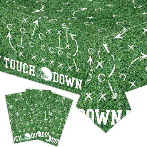 3 Pack Football Party Decorations Touchdown Tablecloth Disposable Plastic Rectangle Football Table Cloth Green Table Cover for Birthday Party Game Party Football Party Supplies Favors, 54 X 108Inch