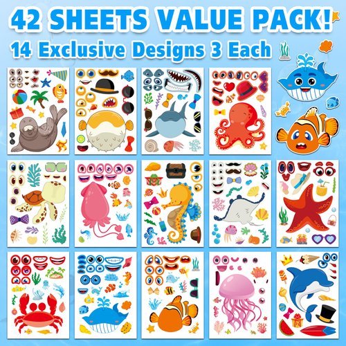 Aowplc 42 Pcs Ocean Animals Make-a-Face Sticker Sheets for Kids - 14 Sea Creature Designs for Party Favors, Classroom Activities, Arts & Crafts
