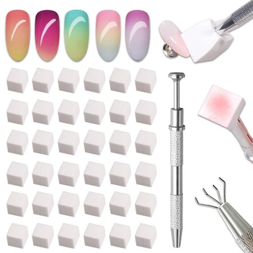 100 Pcs Soft Nail Sponges with 4 Claws Metal Grabber, Wsimily White Mini Nail Sponges for Ombre Metal Grabber Pen Nail Brush Nail Supplies Manicure Nail Art Tools Nail Accessories