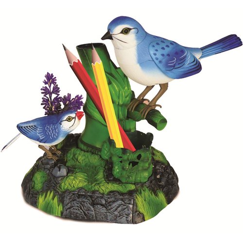 Haktoys Singing Chirping Birds with Penholder and Mini Drawer - Battery Operated Realistic Bird Motion & Sound (Batteries Included) Great Office Desk and Room Accessory