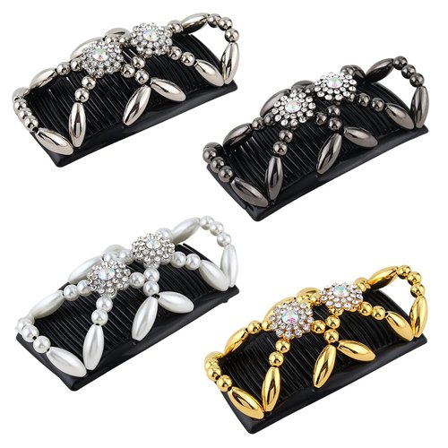 JINBUYAO 4pcs Magic Hair Side Combs for Women Stretch Double Clips Thick Hair Clip Combs Popular Hairstyles Deft Bun Maker Hair Accessories(Rhinestone Flower)