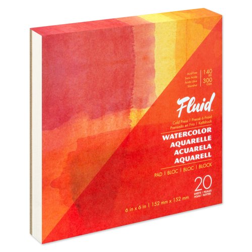 Fluid Artist Watercolor Pad, 140 lb (300 GSM) Cold Press Paper Pad for Watercolor Painting and Wet Media, Fold Over, 6 x 6 inches, 20 White Sheets