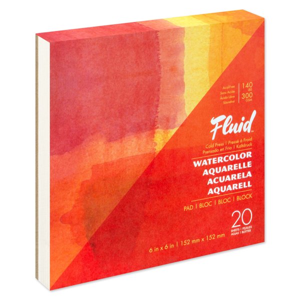 Fluid Artist Watercolor Pad, 140 lb (300 GSM) Cold Press Paper Pad for Watercolor Painting and Wet Media, Fold Over, 6 x 6 inches, 20 White Sheets