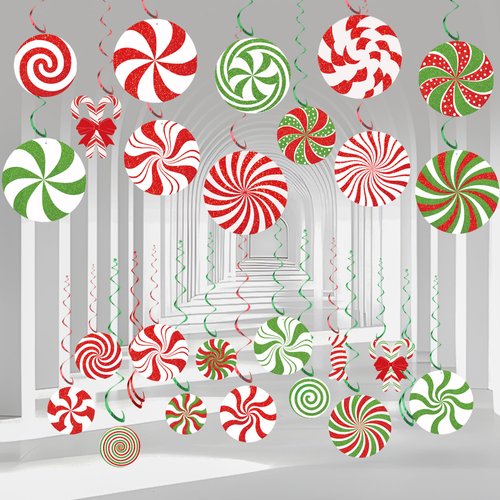 66 Pcs Christmas Candy Hanging Swirls Candy Cane Ceiling Swirls Decoration Xmas Red Green Candy Hanging Streamers for Xmas Holiday Party Home Classroom Decor