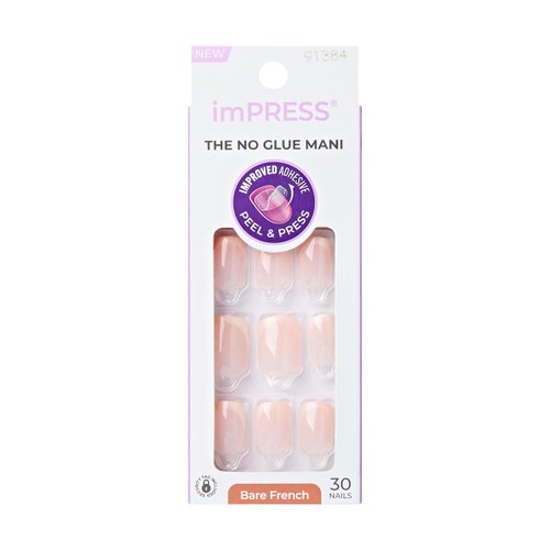 KISS imPRESS No Glue Mani Press-On Nails, French, Heroic', Light Neutral + White Tip French, Short Size, Squoval Shape, Includes 30 Nails, Prep Pad, Instructions Sheet, 1 Manicure Stick, 1 Mini File