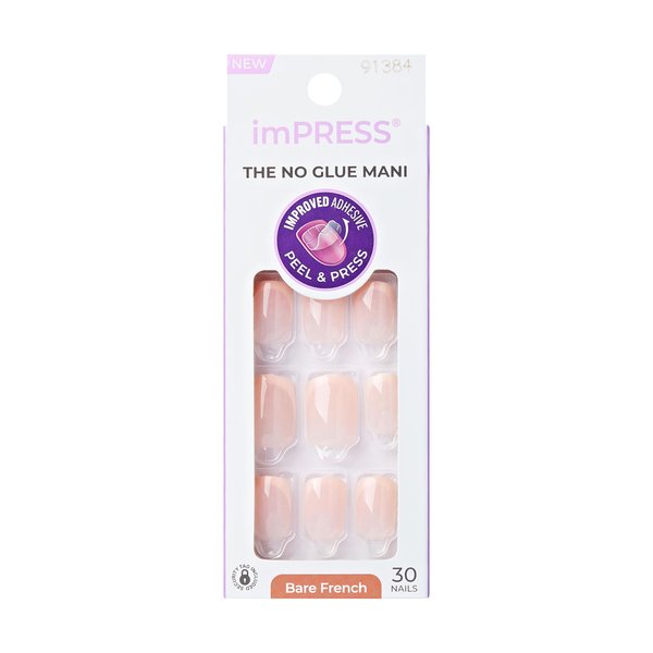 KISS imPRESS No Glue Mani Press-On Nails, French, Heroic', Light Neutral + White Tip French, Short Size, Squoval Shape, Includes 30 Nails, Prep Pad, Instructions Sheet, 1 Manicure Stick, 1 Mini File