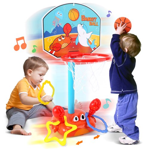 Toddler Basketball Hoop, 2 in 1 Sports Toy Set for Kids, Ring Toss Game with Music Sound, Baby Basketball Hoop for Indoor Play