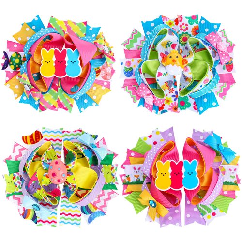 Whaline 4Pcs Easter Hair Bow Clips Colorful Ribbon Bow Hair Pins Cute Bunny Chick Rabbit Egg Alligator Hair Bow Barrettes Holiday Hairgrips for Toddlers Girl Kid Easter Spring Party Hair Accessories