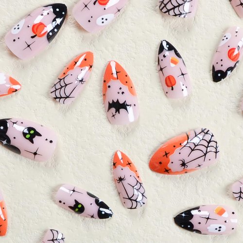 Halloween French Tip Press on Nails Short Almond Shape Fake Nails Full Cover Glue on Nails Halloween Stick on Nails Cute Ghost Pumpkin Bat False Nails with Designs Glossy Acrylic Nails for Women 24 Pc