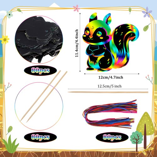 RoundFunny 80 Pcs Fall Craft Kit for Kids Woodland Animals Scratch Cards Forest Animals Crafts Scratch Paper for DIY with 80 Pcs Stick and Ribbon for Thanksgiving Woodland Camping Party Favors