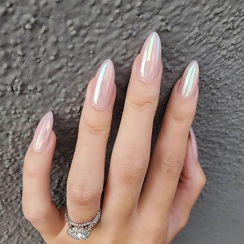 BFY Press on Nails Medium Almond, Light Pink Chrome Fake Nails, Gel Acrylic Nails Set Stick Glue on Nails, Shiny Glossy False Nails Spring Summer Nail Accessories Decorations 24 Pcs