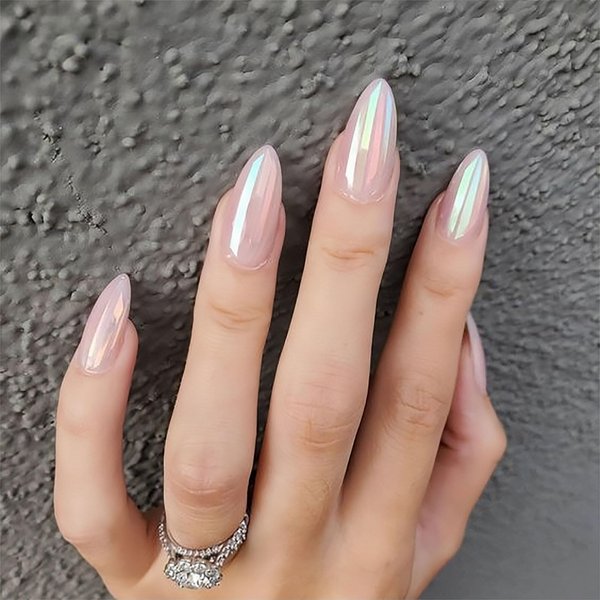 BFY Press on Nails Medium Almond, Light Pink Chrome Fake Nails, Gel Acrylic Nails Set Stick Glue on Nails, Shiny Glossy False Nails Spring Summer Nail Accessories Decorations 24 Pcs