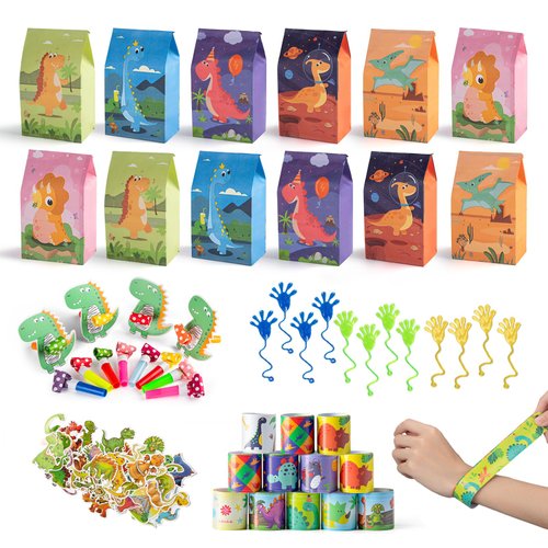 HURSROOR Dinosaur Goodie Bags with Dino Party Favors for Kids, Birthday Party Supplies for Boys Girls (N98)