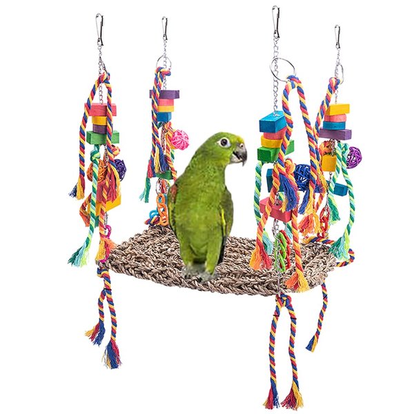 Bird Toys, Parrot Foraging Wall Toy, Edible Seagrass Woven Hammock Swing Perch with Colorful Chewing Toys for Lovebirds, Finch, Parakeets, Budgerigars, Conure, Cockatiel, Canary, Amazon, African Grey