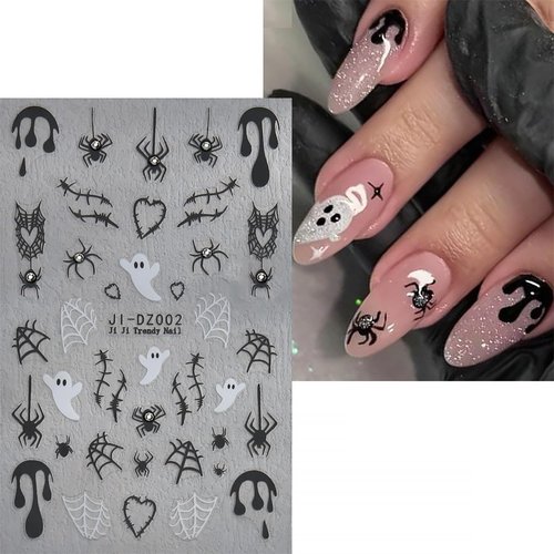 4 Sheets Rhinestones Halloween Stickers 3D Self Adhesive Spider Ghost Nail Art Stickers Glitter Luxury Charms Nail Decals Spooky for Women Halloween DIY Manicure Salon