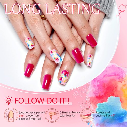 GLAMERMAID Press on Nails Medium Square, Red Watercolor Glue on Gel Nails, 24Pcs Short Square Reusable UV Finish Fake Nails Acrylic False Nails Manicure Kits for Women Gifts