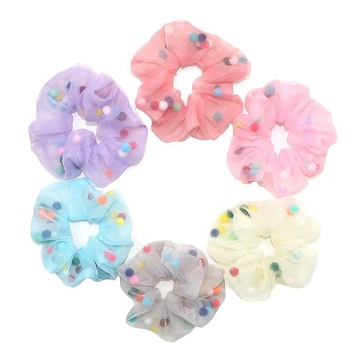 Organza Pompom Scrunchies Hair Ties Chiffon Hair Elastics Bands Ponytail Holder for Women Girls 6 PCS