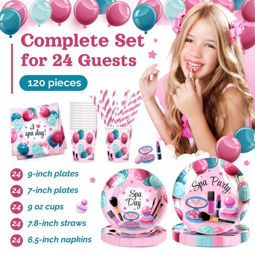 Spa Birthday Party Decorations, 120Pcs Spa Day Party Supplies Disposable and Relaxing Tableware Includes Plates, Napkins, Cups and Straws | Serves 24