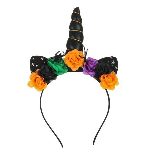 Firopia Halloween Unicorn Headband for Women,Black Horns Colorful Flowers with Spider and Ears with Stars Halloween Costume Headband,Halloween Party Carnivals Supplies