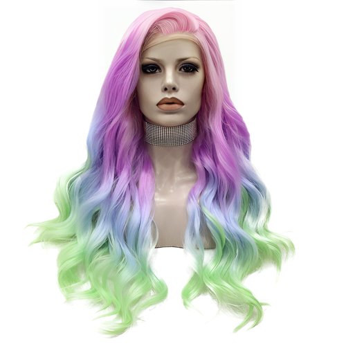 IMSTYLE Rainbow Synthetic Lace Front Wigs Colorful Natural Wave Synthetic Wig for Drag Queen Mermaid Cosplay Party 26 inches