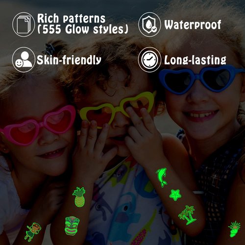 Partywind 555 Styles Glow Hawaiian Decorations for Kids Party Supplies, 56 Sheet Hawaiian Luau Temporary Tattoos with Pineapples/Flamingo/Hibiscus Flowers, Beach Pool Party Decor