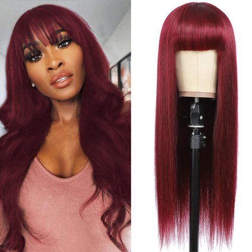 seelaak Ombre Red Straight Human Hair Machine Made Wigs with Bangs Burgundy Red Wig Brazilian Virgin Human Hair Wig Full Machine Made None Lace Front Wigs for Black Women (18 Inch,Burgundy)